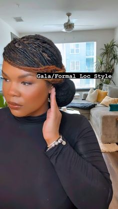 How To Style Locks Hair, Side Swoop With Locs, Gala Loc Styles, Loc Styles For The Office, Loc Side Ponytail, Bridal Locs Hairstyles Low Bun, Loc Bun With Swoop, Locs In A Low Bun, Low Bun On Locs