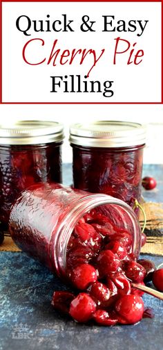 cherry pie filling in a jar with cherries on the side and text overlay