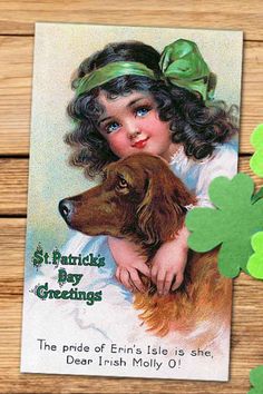 a st patrick's day greetings card with a girl holding a brown dog