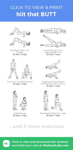 hiit that BUTT – click to view and print this illustrated exercise plan created with #WorkoutLabsFit #exerciseplan Post Baby Workout Plan, Single Leg Glute Bridge, Post Baby Workout, Workout Labs, Dumbbell Squat, The Circulatory System, Glute Workouts, Hip Raises, Exercise Plan