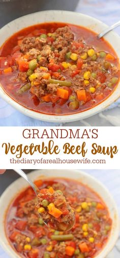 a bowl of vegetable beef soup with a spoon in it and the words grandma's vegetable beef soup on top