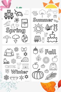 four coloring pages with the words spring and fall