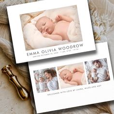 two business cards with photos of babys and their mom's name on them