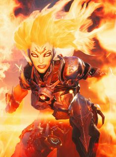 a man with yellow hair is in front of fire and flames, wearing armor that looks like he's flying through the air