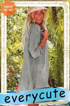 Gray Lightweight Shirt Style Beach Cover Up Casual V-neck Shirt For Beach Season, Relaxed Fit Long Sleeve Top For Beach Cover-up, Relaxed Fit Long Sleeve Cover-up For Day Out, Beachy V-neck Top For Day Out, Summer V-neck Shirt For Vacation, Casual V-neck Shirt For Beach, Breezy V-neck Tops For Beach, Vacation Shirt For Beach Season, Relaxed Fit Long Sleeve Beachwear Blouse