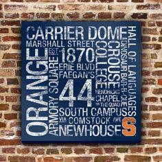 a sign on the side of a brick wall that reads carrier dome, marshall street, orange and white