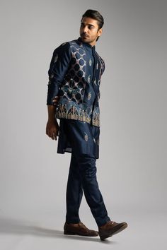 Navy blue chanderi kurta featuring thread embroidered floral patterns, highlighted by beads. Comes with pant pyjama. - Aza Fashions Nehru Jacket For Men, Egyptian Inspired, Blue Kurta, Pajama Pattern, Nehru Jacket, Nehru Jackets, Beaded Neckline, Kurta With Pants, Matching Pajamas