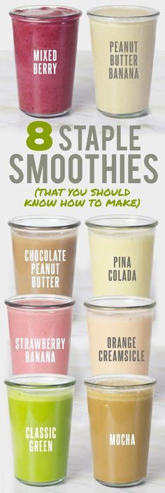 six different types of smoothie cups with the words 8 simple smoothies on them