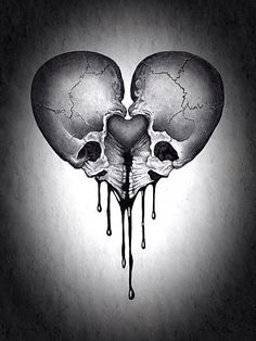 two heart shaped skulls with blood dripping down them