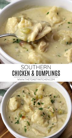 chicken and dumplings soup in a white bowl