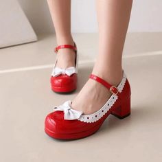 Vintage-Inspired Red Heels with White Trim Bow Mary Jane Shoes Heels, Mary Jane Shoe, Knee High Boots Flat, Classic Lolita, Shoes Cute, Designer Pumps, Patent Shoes, Mary Jane Pumps, Red Heels