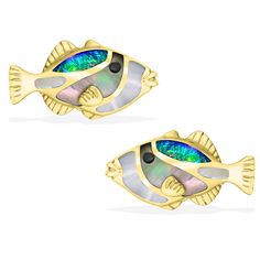 44165 - 14K Yellow Gold - Humuhumu Stud Earrings Sea Life Jewelry, Hawaiian Jewelry, Leaf Ring, Spiny Oyster, Sleeping Beauty Turquoise, Fine Jewels, Black Onyx, Mother Of Pearl, Onyx