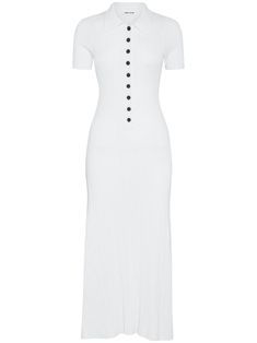 white cotton ribbed knit polo collar front button fastening short sleeves ankle-length straight hem Anna Quan, Maxi Dress White, Versace Outfit, City Dress, Knit Polo, Summer Beach Wear, Maxi Dress With Sleeves, White Maxi Dresses, Polo Collar