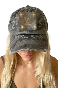 Camo vintage baseball cap with tears and frays perfectly placed is so popular. Authentic designer detail riveted on the hat. Adjustable buckle strap on back or velcro strap. Please note that the patch may by different dimensions than shown. Antique gold rivets. Ponytail friendly. Handmade-perfectly imperfect. Disclaimer:Embellish Your Life is not affiliated or associated with Louis Vuitton or Gucci or its subsidiaries. We buy authentic, vintage, pre-owned designer material obtained legally from Vintage Baseball Cap, Louis Vuitton Hat, Black Camouflage, Vintage Baseball Caps, Louis Vuitton Cap, Facebook Style, Gray Camo, Black Camo, Vintage Baseball