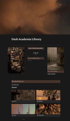 the dark and stormy web page is shown with many different things on it, including bookshelves