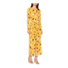 Nwt Yellow Print Dress Fitted Yellow Maxi Dress For Date Night, Yellow Sheath Midi Dress For Party, Yellow Sheath Dress For Date Night, Yellow Maxi Dress For Evening, Yellow Maxi Dress For Work, Chic Yellow Midi Dress, Elegant Yellow Maxi Dress For Fall, Yellow Fall Party Maxi Dress, Yellow Long Sleeve Maxi Dress For Work