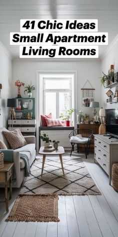 a living room with white walls and wooden flooring is featured in the article 4 chic ideas small apartment living rooms