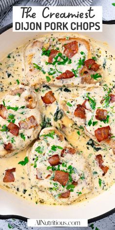 the cream sauce is topped with bacon, cheese and parsley in a skillet