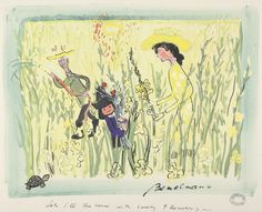 an image of children playing in the grass with their mother and father, watercolor on paper