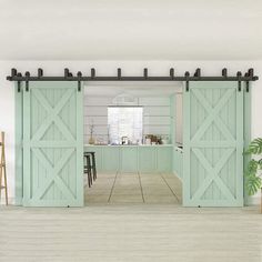 an open blue barn door in a white room