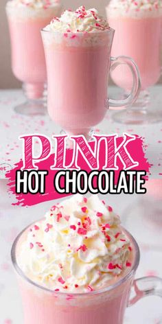 pink hot chocolate with whipped cream and sprinkles