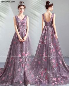 Purple V-neck Dress With Floral Embroidery, Purple Prom Dresses Long, Prom Dresses Floral, Prom Dresses Purple, Purple Prom Dresses, Roses Purple, Prom Dress With Train, Purple Tulle, Purple Prom