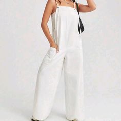 White Pocket Patched Wide Leg Cami Jumpsuit 100% Cotton Cami Jumpsuit, Pant Jumpsuit, Jumpsuit Romper, Wide Leg, Color White, Pants For Women, Jumpsuit, Rompers, Women Shopping