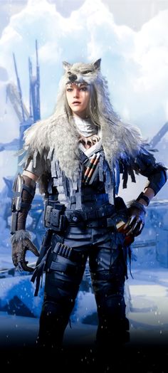 a woman dressed up as a wolf standing in front of a blue sky with clouds