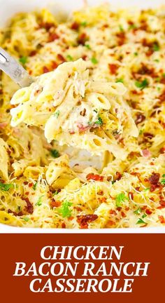 chicken bacon ranch casserole in a white dish