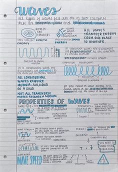 a piece of paper with writing on it that says waves and other things in blue ink