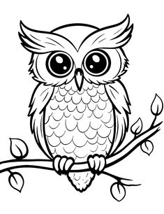 an owl sitting on a branch with leaves