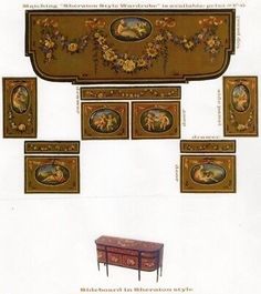 an advertisement for furniture with paintings on the wall and below it is a bench, mirror, and chest