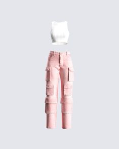 The name of the game: effortless, yet stylish 😚 This two-piece set features a white tank top, paired with pink acid wash cargo pants for a look that is perfect for dressing up or down 💕 Dress Reference, Strapless Shirt, Y2k Summer Outfits, Belly Shirts, Future Of Fashion, Everyday Clothes, Welcome To The Future, Tumblr Outfits, Blazer Set