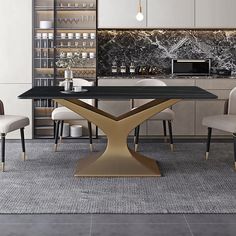 a modern dining room with marble counter tops and white chairs, along with an island in the middle