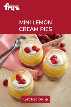 mini lemon cream pies with fresh raspberries on top and the recipe below