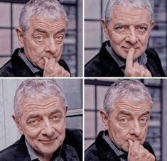 four pictures of an older man making different gestures with his finger to his mouth and the other hand under his chin