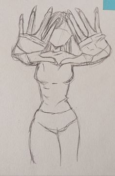 a drawing of a woman's torso with hands on top of her head and fingers above her head