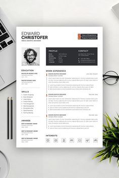 a professional resume template with an orange and black color scheme on the cover, sitting next to a laptop