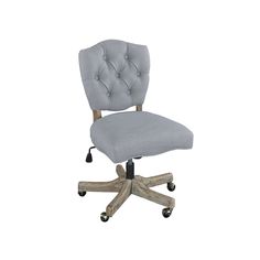 an office chair with casteors and wheels in grey upholstered fabric, viewed from the front