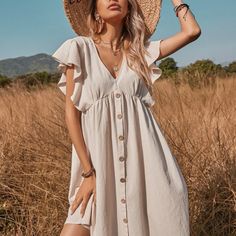 Ruffle Arm Button Up Dress Flowy Beautiful Dress Vestidos Retro, Beach Holiday Dresses, Boho Midi Dress, Button Down Shirt Dress, Mini Dress Fashion, Woman Weaving, Mini Robes, Sleeves Clothing, Khaki Dress