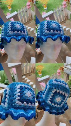 three hats made to look like crochet on mannequins, one is blue and the other is white