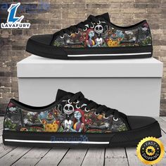 a pair of black shoes with cartoon characters on them