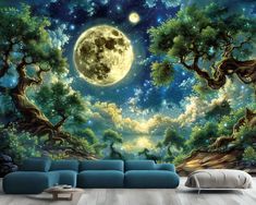 a living room with a couch and large mural on the wall that looks like a forest at night