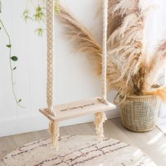 a rope swing hanging from the ceiling next to a potted plant on a rug