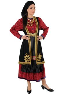 This outfit is imported from Greece and made by the premiere manufacturer of traditional Greek costumes. This traditional dancing costume is a favorite amongst dancing troupes and churches. This outfit ships direct from Greece. Please allow 1-2 weeks for arrival of outfit. This woman's costume consists of segouni coat, brocade dress and apron. (Note: The necklace, buckle and the head scarf are sold separately.) Women Sizing Reference: Size USA UK waist cm / inches bustcm / inches XSmall 4 6 66-68 74-82 Small 6 8 70-72 82-90 Medium 10 12 72-74 90-96 Large 12 14 74-78 96-104 XLarge 14 16 78-86 104-110 Traditional Festive Costume Dresses, Traditional Red Dress For Costume Party, Traditional Fitted Costume For Costume Party, Sicilian Clothing, Costumes For School, Parade Costumes, Parade Outfit, Folklore Costume, Greek Costume