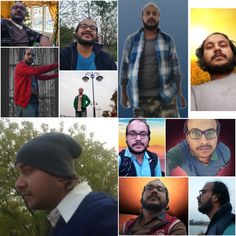 a collage of men with beards and glasses in different pictures, including one man wearing a hat