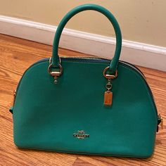 Small Coach Green Dome Satchel. New, Never Used Green Coach Satchel With Handles, Coach Green Top Handle Satchel, Green Coach Top Handle Satchel, Classic Green Satchel With Branded Hardware, Classic Coach Green Satchel, Classic Green Coach Satchel, Coach Green Bag With Gold-tone Hardware, Green Coach Shoulder Bag With Gold-tone Hardware, Coach Green Shoulder Bag With Gold-tone Hardware