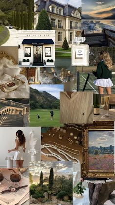 a collage of photos with many different things in the background and one woman looking at it