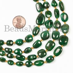 "\"Drilled Size - .40mm Stone - Emerald Style - Nuggets Strand Measurement - 22 cm Average Weight- 80 ct\"" Jewelry Emerald, Emerald Style, Ruby Beads, Fancy Beads, Emerald Bead, Aquamarine Beads, Zambian Emerald, Average Weight, Pearl Set