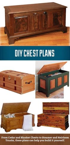 a wooden chest is shown with the words diy chest plans on it and other pictures